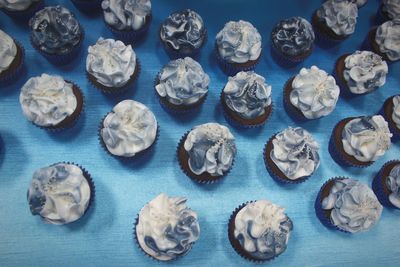 High angle view of food against blue background