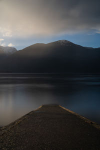 Scenic view of lake by mountains against sky