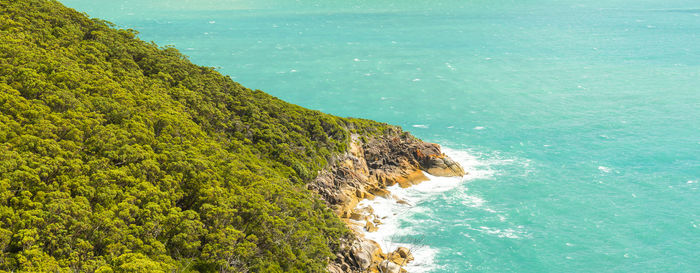 High angle view of sea and mountains