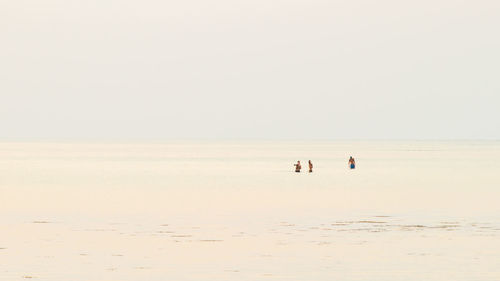 People at beach against clear sky