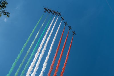 The italian tricolour arrows make a show in the sky of turin for the coronavirus on may 2020