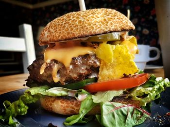 Close-up of burger on table