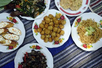 High angle view of food served on table