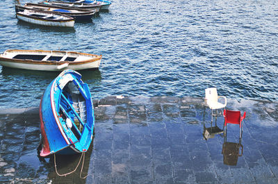 High angle view of boats in sea