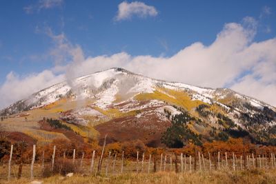 Scenic view of snowcapped mountains against sky