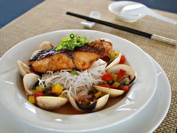 Close-up of food served in plate on table