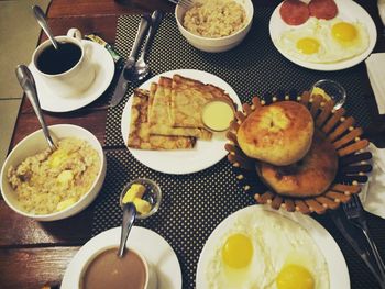 Close-up of breakfast served on table