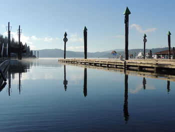 Reflection of wooden post in water