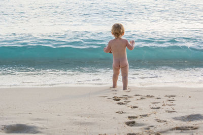 Rear view of boy standing on beach