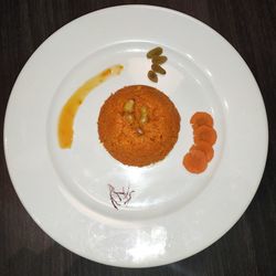 High angle view of served food in plate