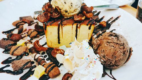 High angle view of dessert in plate on table