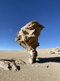 Rock formation on land against clear blue sky