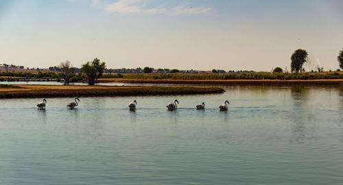 People in lake against sky
