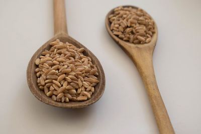 Close-up of bread on table against white background