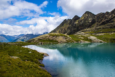 Scenic view of lake and mountains against sky