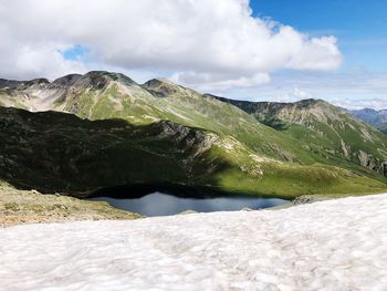 Scenic view of lake and mountains against sky