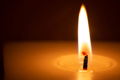 Close-up of lit candle in the dark