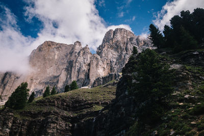 Low angle view of rocky mountains against sky