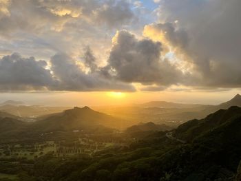 Scenic view of mountains against sky during sunrise 