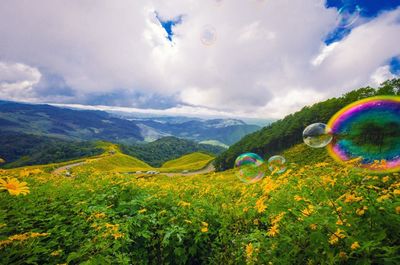 Scenic view of bubbles over mountains against sky