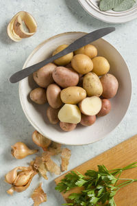 High angle view of fruits in bowl on table