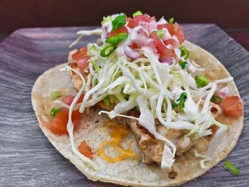 Close-up of food served on table