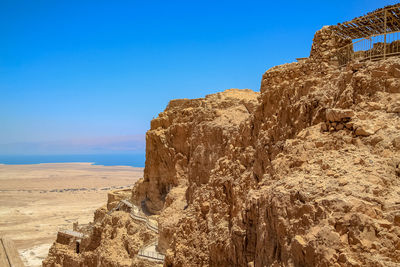 Rock formations against clear blue sky