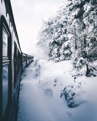 Train by frozen trees on snow covered field during winter