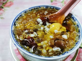 High angle view of soup in bowl