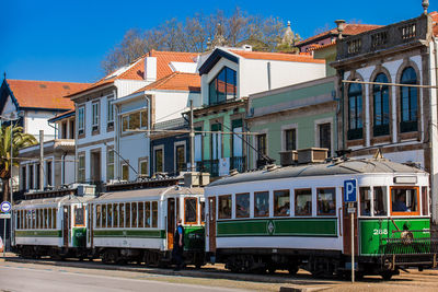 Porto  portugal may 2018 old traditional porto tram in a beautiful early spring day