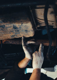 High angle view of man working in bus