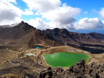 Panoramic view of land and mountains against sky