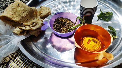 High angle view of breakfast served on table