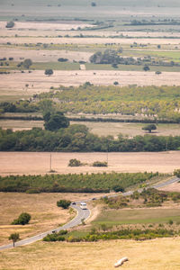 High angle view of road amidst field