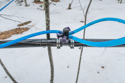 High angle view of bicycle wheel in snow