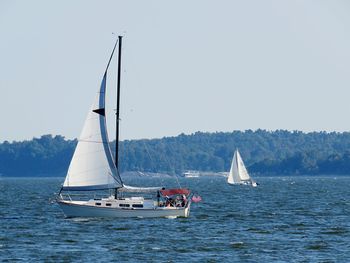 Sailboat sailing on sea against clear sky