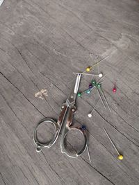 High angle view of bicycles on hardwood floor