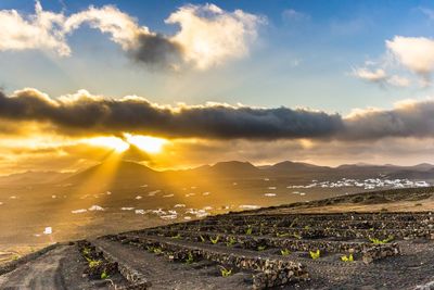 Scenic view of mountains against sky during sunset