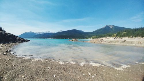 Scenic view of beach against blue sky