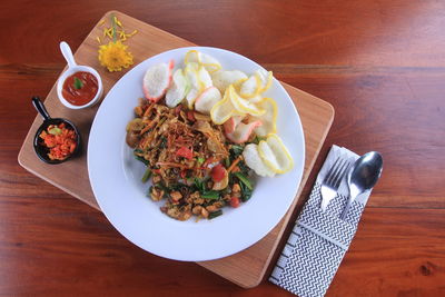 High angle view of meal served on table