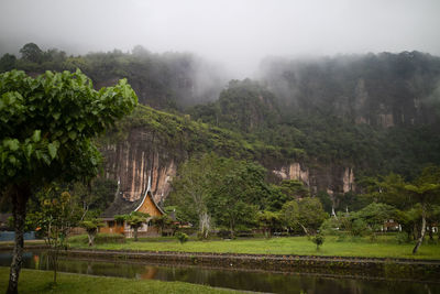 Scenic view of lake by trees on mountain