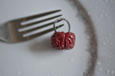 High angle view of strawberry on table