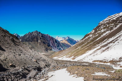 Scenic view of snowcapped mountains against clear blue sky