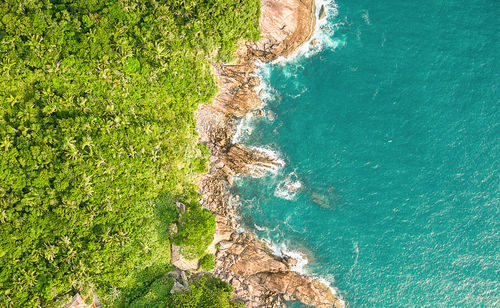 High angle view of rocks on sea shore