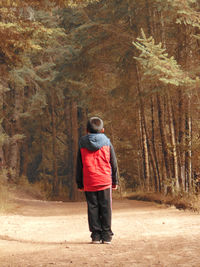 Rear view full length of boy standing against trees at forest