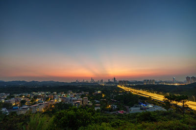 High angle view of city at sunset