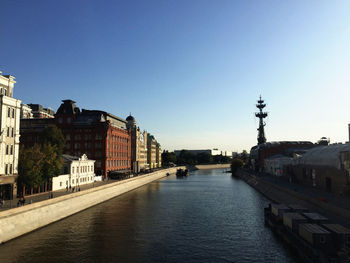 River amidst buildings against clear blue sky