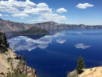 Reflection of cloudy sky in lake water