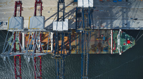 High angle view of a ship with cranes