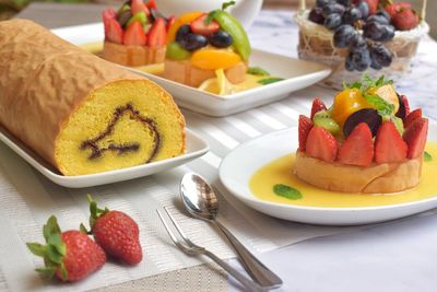 Tropical fruit cake on the table